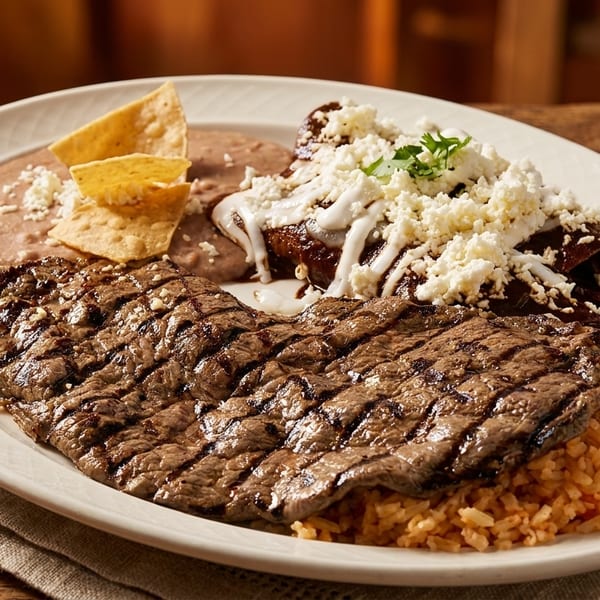 Grilled steak, rice, refried beans, enchiladas with cheese and crema, and tortilla chips on a white plate.