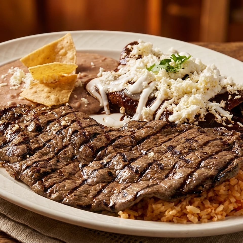 Grilled steak, rice, refried beans, enchiladas with cheese and crema, and tortilla chips on a white plate.