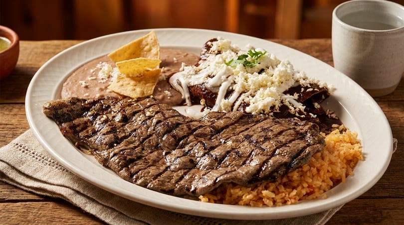 Grilled steak, rice, refried beans, enchiladas with cheese and crema, and tortilla chips on a white plate.