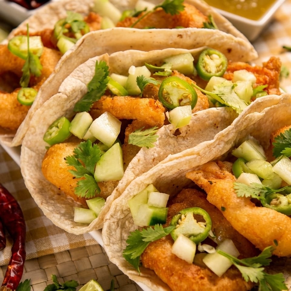 Three shrimp tacos with cucumber, jalapeños, and cilantro on a checkered tablecloth with limes and chilies.