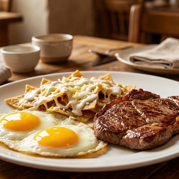 A breakfast plate with steak, two fried eggs, and chilaquiles with cheese and cream on a wooden table.