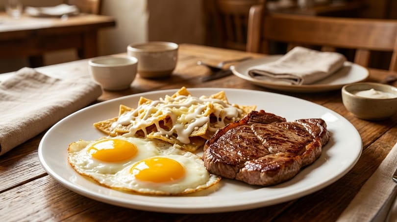 A breakfast plate with steak, two fried eggs, and chilaquiles with cheese and cream on a wooden table.